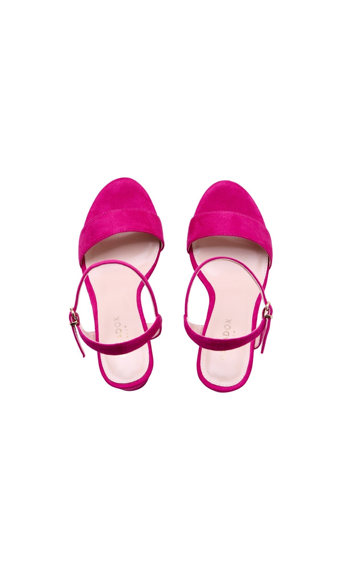 A pair of Harmonia Fuchsia Pink Prom Shoes (Paradox London P2606) with open toes, ankle straps, and low block heels is photographed from above against a white background.